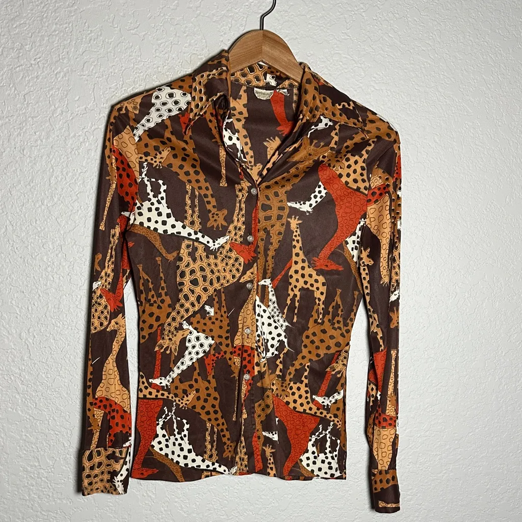 Vintage 70s Animal Print Button Up Shirt Giraffe Blouse Silky Artsy Abstract Brown Size M - Image 2