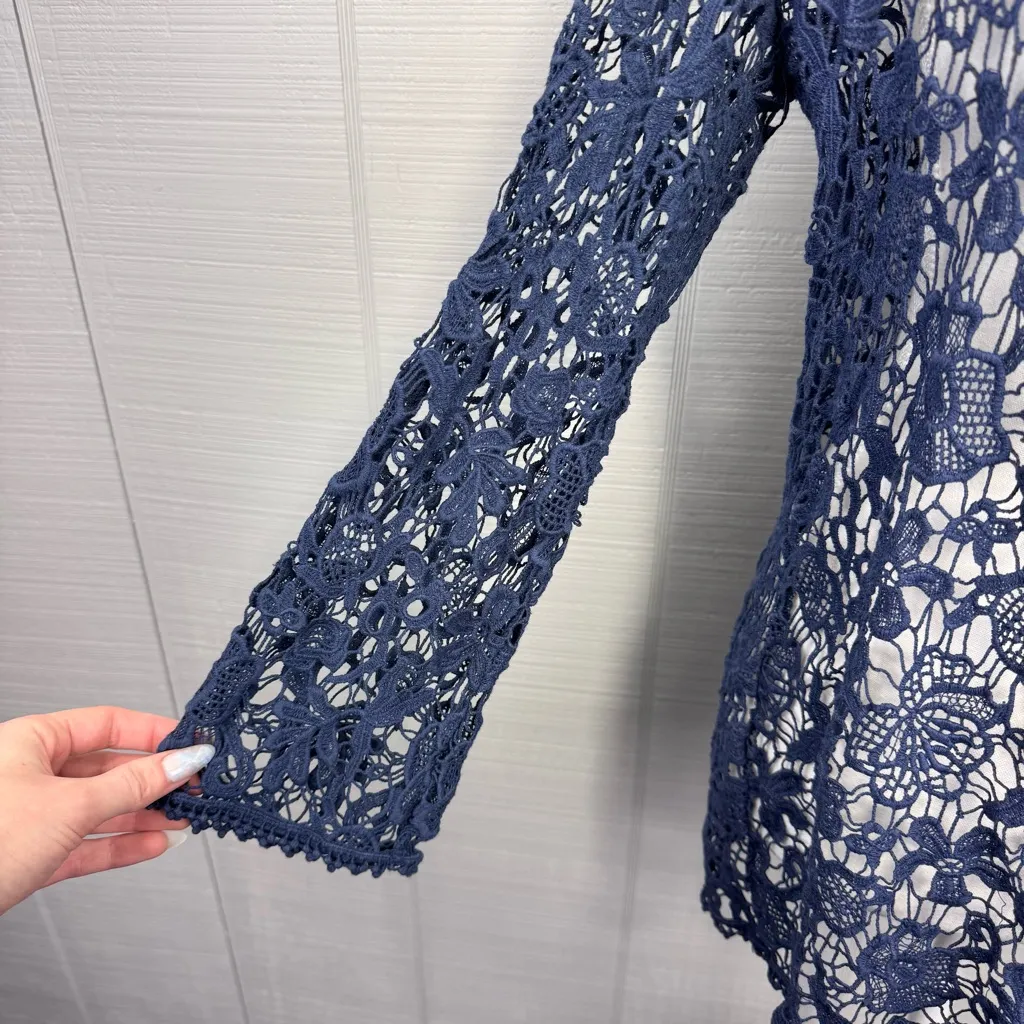 Chico’s Blue Floral Crochet Lace Open Tie Front Cardigan 3/4 Sleeves Boho 70s 1 - Image 4