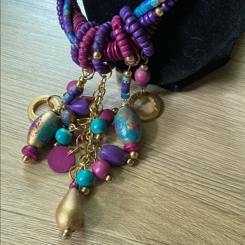 Vintage Multicolor Beaded Necklace with Gold Accents Purple - Image 2
