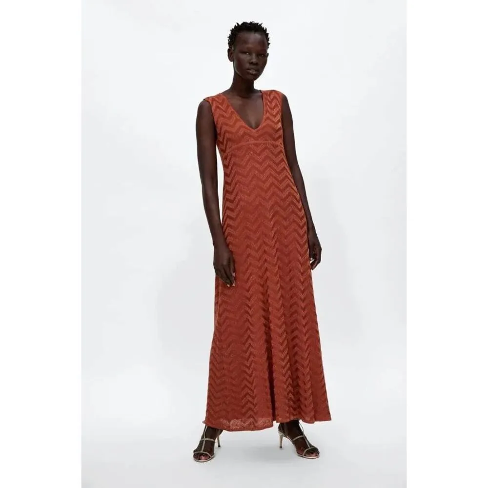 ZARA Rust Orange Metallic Maxi Dress - Image 2