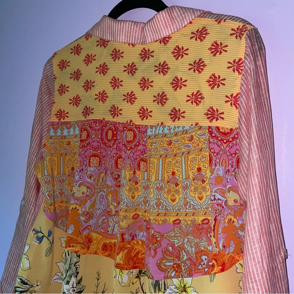 Soft Surroundings Size S Linen Button Up Blouse Pinstripe Boho Tiered Back - Image 7