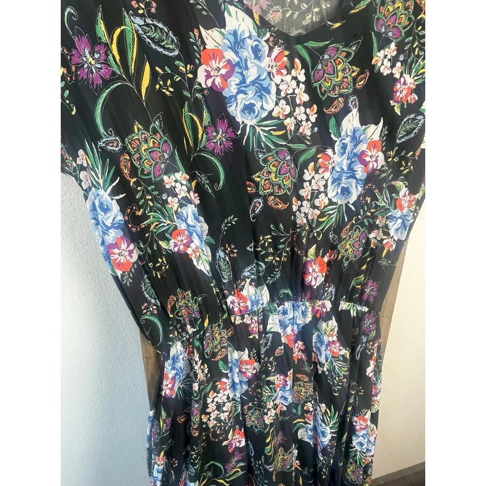 MODA Black Floral Flowy Maxi Dress Cap Sleeves Womens M Carmen Line Sundress - Image 4
