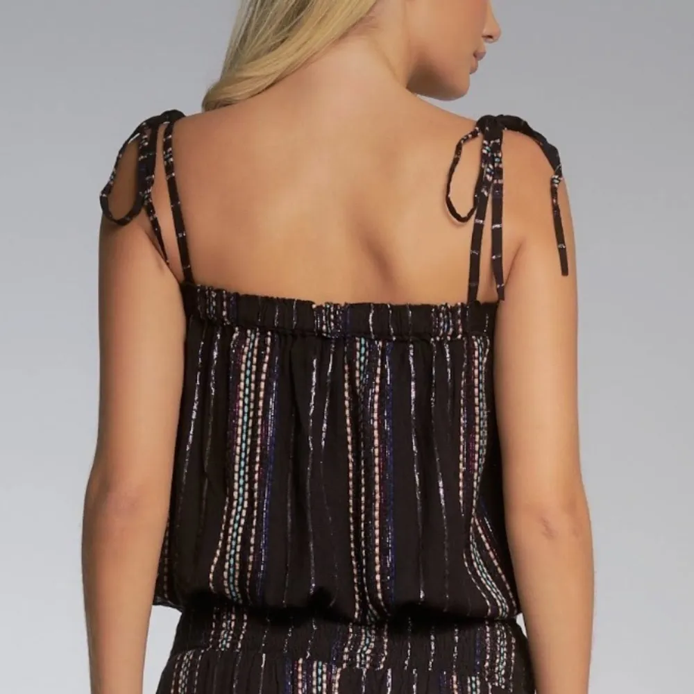 Elan Black Metallic Stripe Tie Strap Top Medium - Image 2