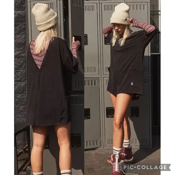 NEW! $60 FREE PEOPLE Movement S HOT SHOT TEE ROMPER Shorts ONESIE Washed Black - Image 2