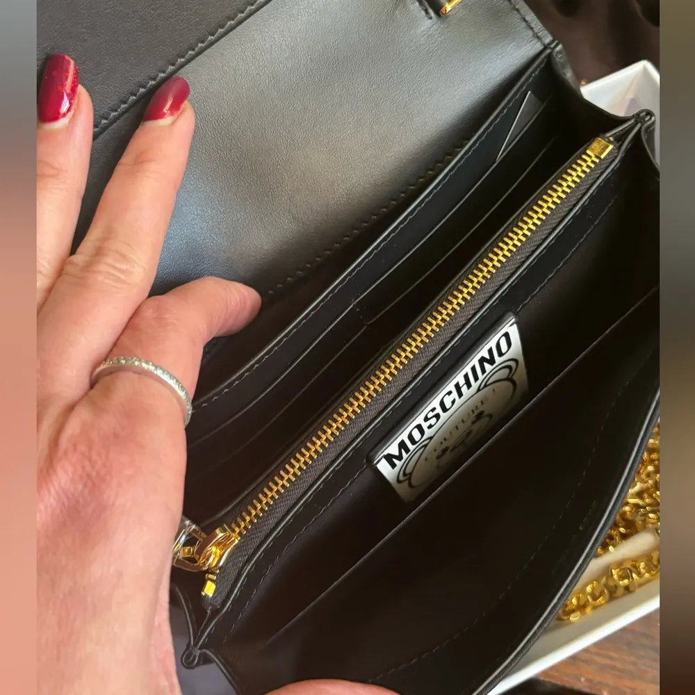 Authentic MOSCHINO Leather/Satin Bear print magnetic closure flap Crosby/Clutch - Image 8