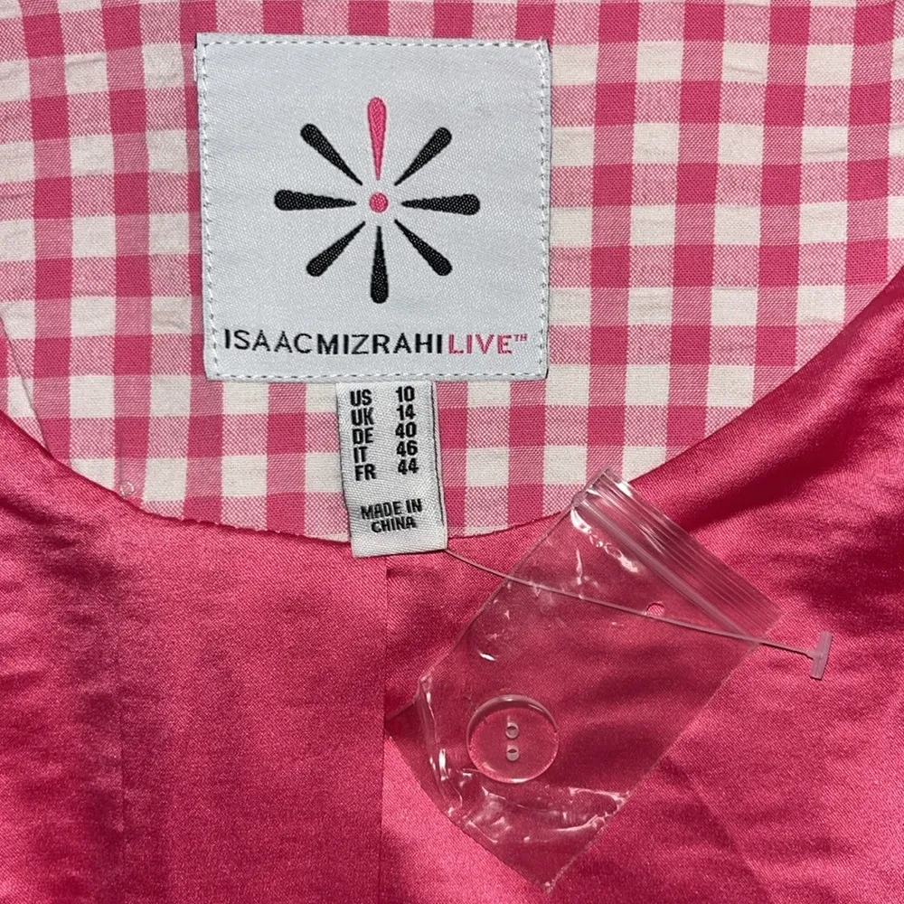 Isaac Mizrahi Live! NWT 10 Pink White Gingham Seersucker Asymmetrical Zip Jacket - Image 4
