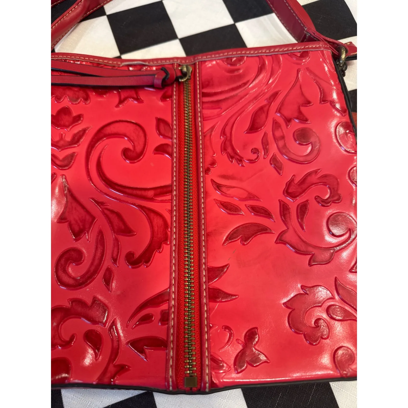 Leather hand tooled MC Embossed Floral Crossbody Purse Women Adjustable Strap Red - Image 2