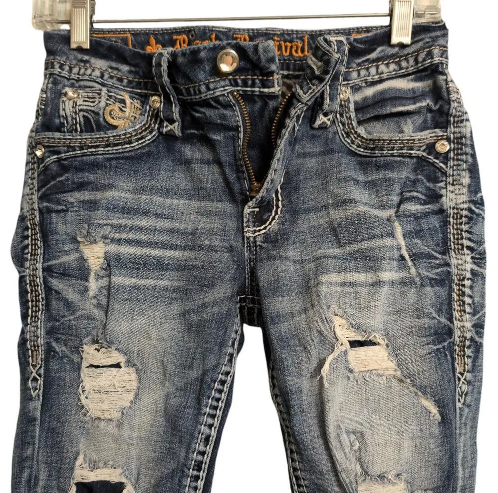 Rock Revival Blue Distressed Embroidered Rhinestone Agata Skinny Jeans Size 25 - Image 5