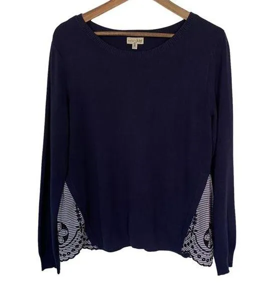 MAISON JULES Pullover Sweater Embroidered Hem Detail Navy Blue Size Large Casual - Image 1