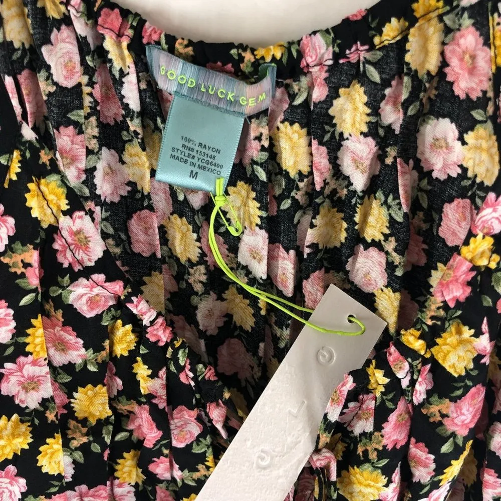 Good Luck Gem Womens Cinch Waist Tie Front Tank Top Black Yellow Pink Floral M - Image 4