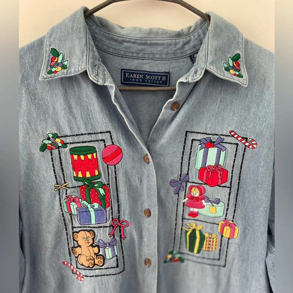 Karen Scott Blue Embroidered Vintage Christmas Button Down Denim Shirt 1X - Image 2