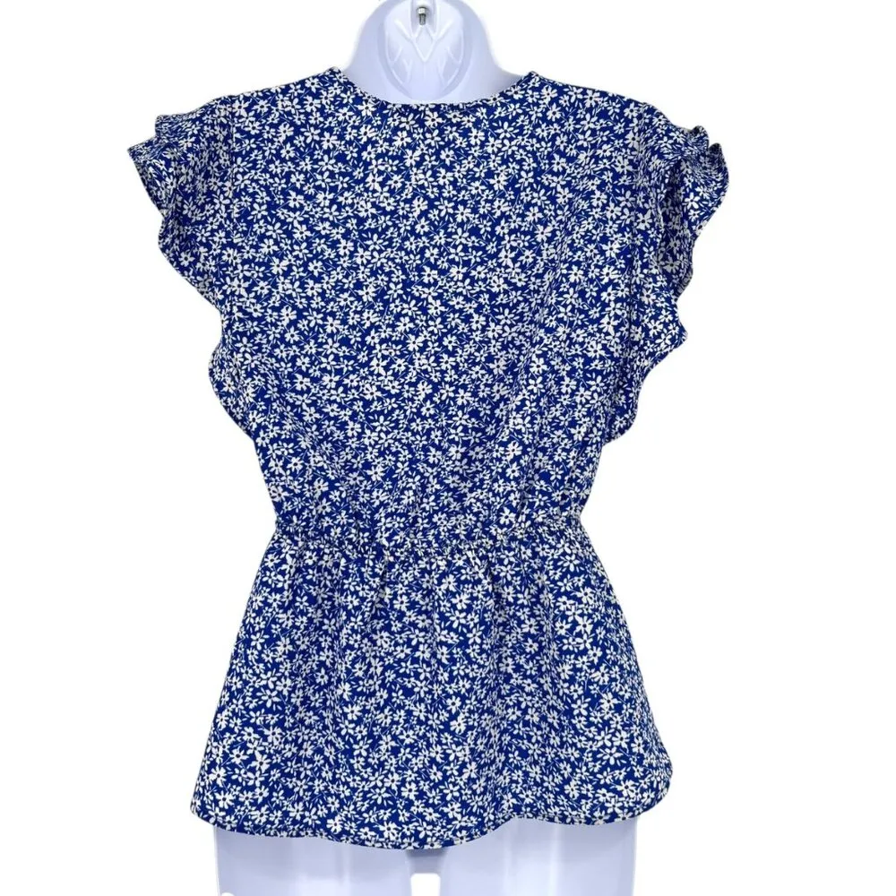 Monteau Floral Ruffle Sleeve Wrap Peplum Blouse Blue White Size Small - Image 6