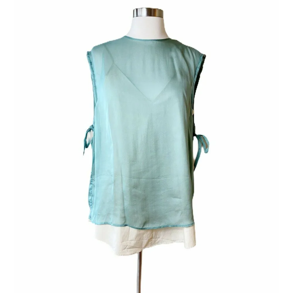 ALYSI Chocolat Silk Blouse Side Ties Sleeveless Italy Green Ivory Layered IT 44 Size 6 - Image 3