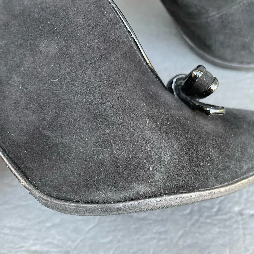 Vintage Icone Black Suede Heels 38.5/US 7.5 Italy Patent Bow 90s - Image 6