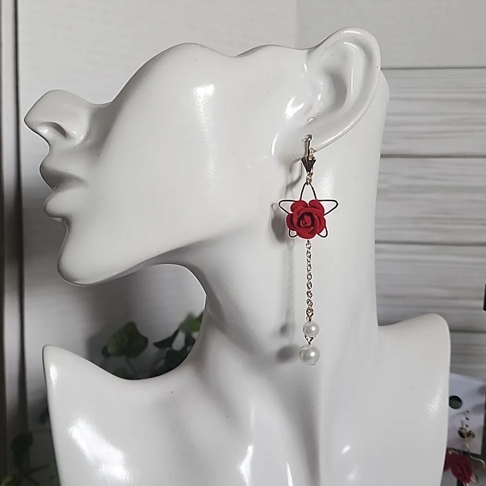 Gold with Velvet Red Rose Flower and Pearls Danglr Drop Earrings - Image 7