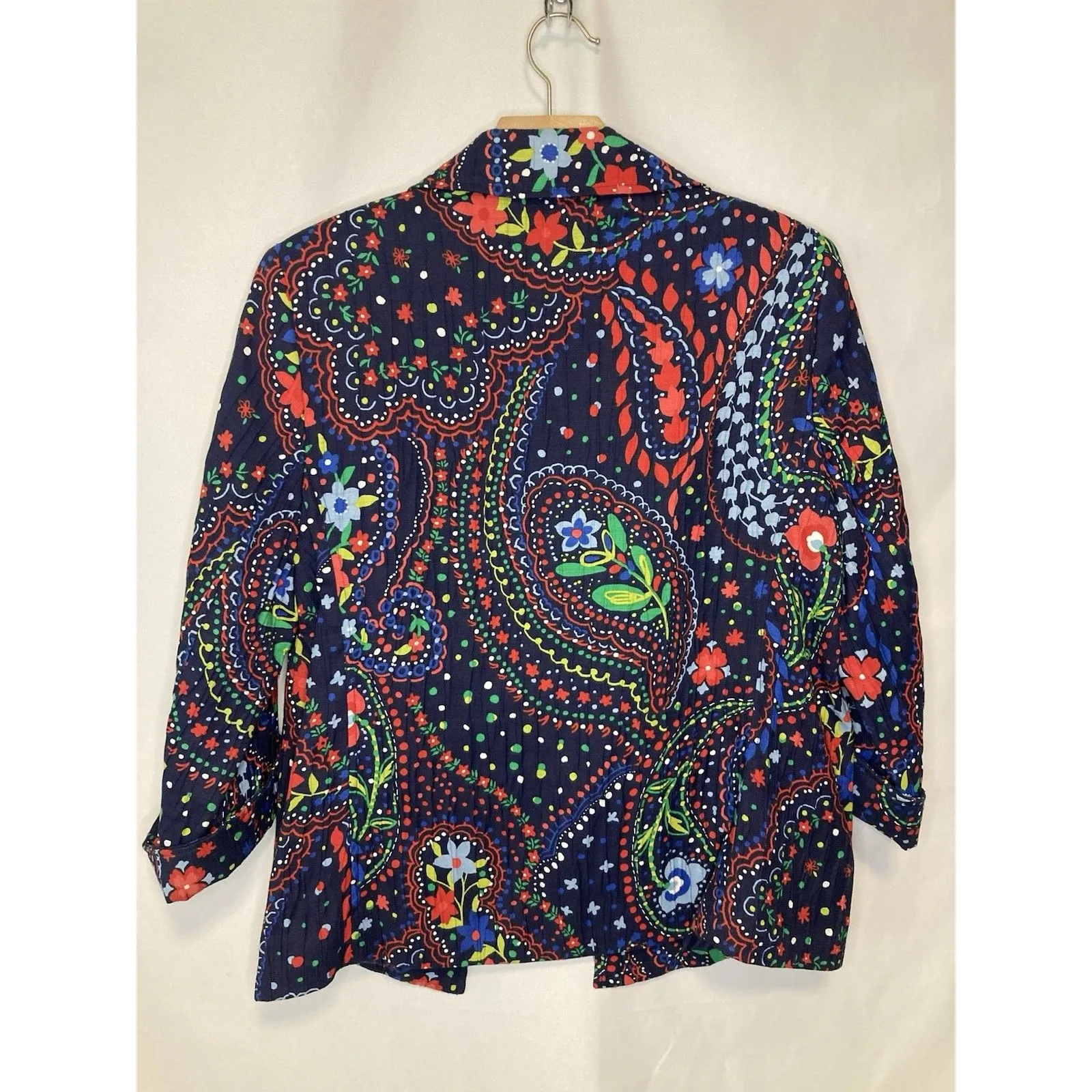 Alfred Dunner Womens Blazer Jacket 10 Navy Floral Paisley Open Front Crinkle - Image 5