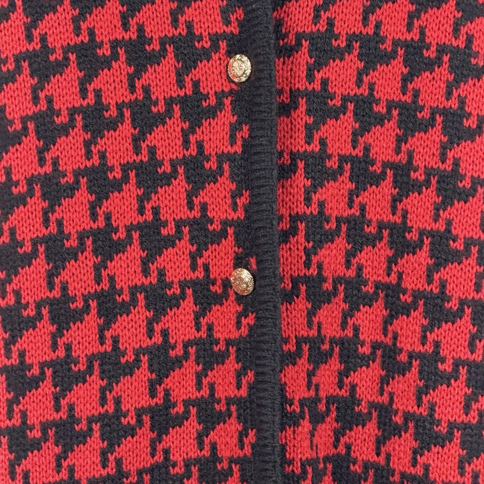 Vintage Liz Baker Cardigan Womens Size Small Red and Black Houndstooth Gold Tone - Image 3