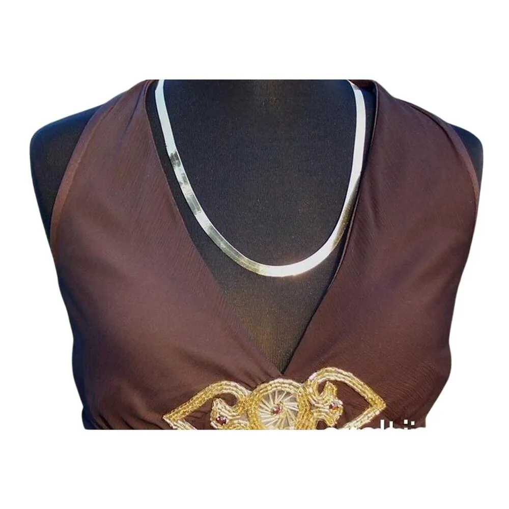 Cache Brown Ruched Plunging V Beaded Encrusted Halter Top M/L New Lined NWT $88 - Image 5