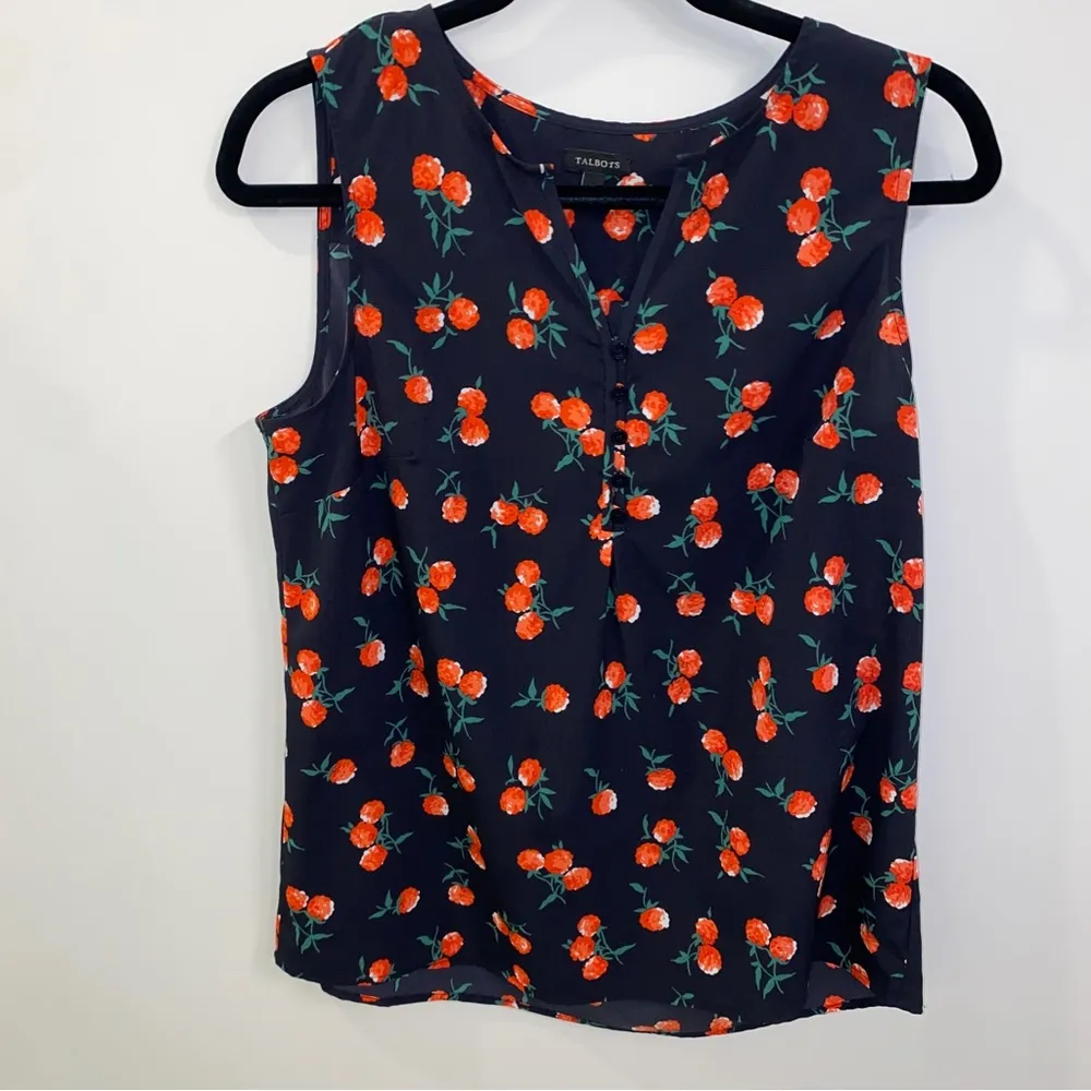 Talbots Navy Blue Raspberry Print Summer Shirt Tank Top Sleeveless Blouse Medium - Image 3