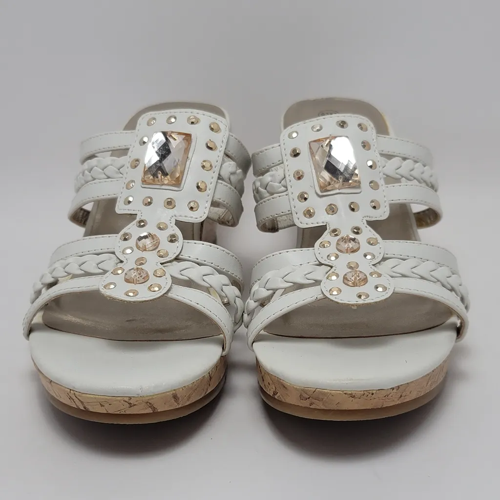 White Braided Wedge Heel Slide Sandals With Rhinestones Size 8.5 By Palms - Image 10