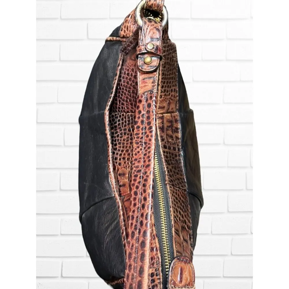 Brahmin  Tuscan Collection Black Leather Brown Croc Embossed Hobo Shoulder Bag - Image 14