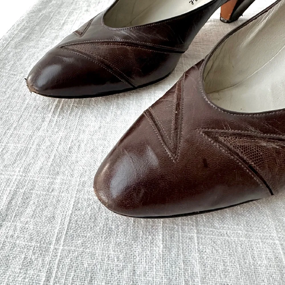 Margaret Jerrold Brown 80s Leather Pumps Heels Vintage Style‎ 8 brown pointed - Image 3