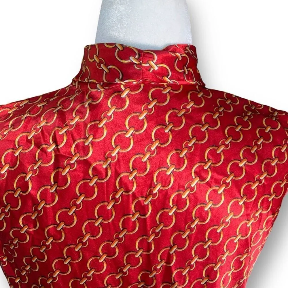 Vintage 90s Anne Klein Red Satin Chain Link Bow High Neck Tie Sleeveless Blouse - Image 3