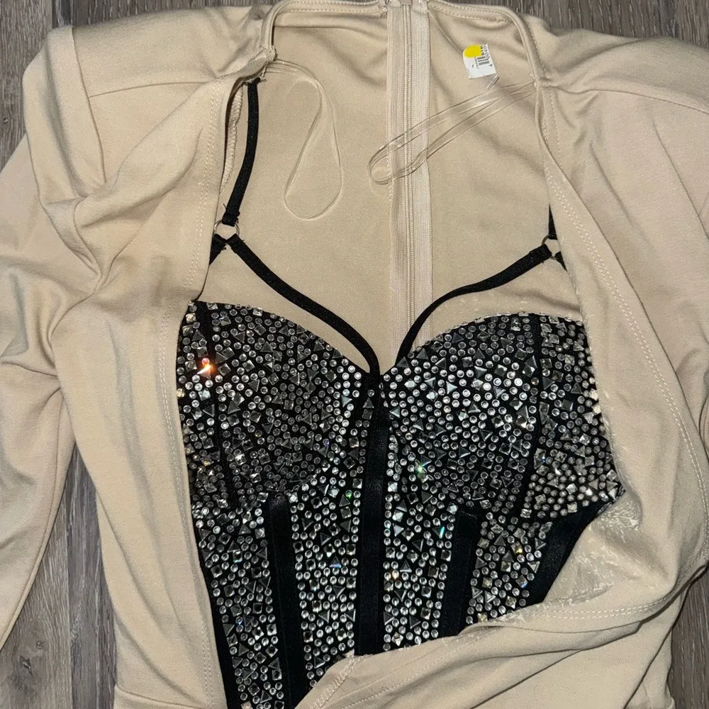 Tan Long Sleeve Mini Dress with Built In Black & Silver Rhinestone Corset - Image 2