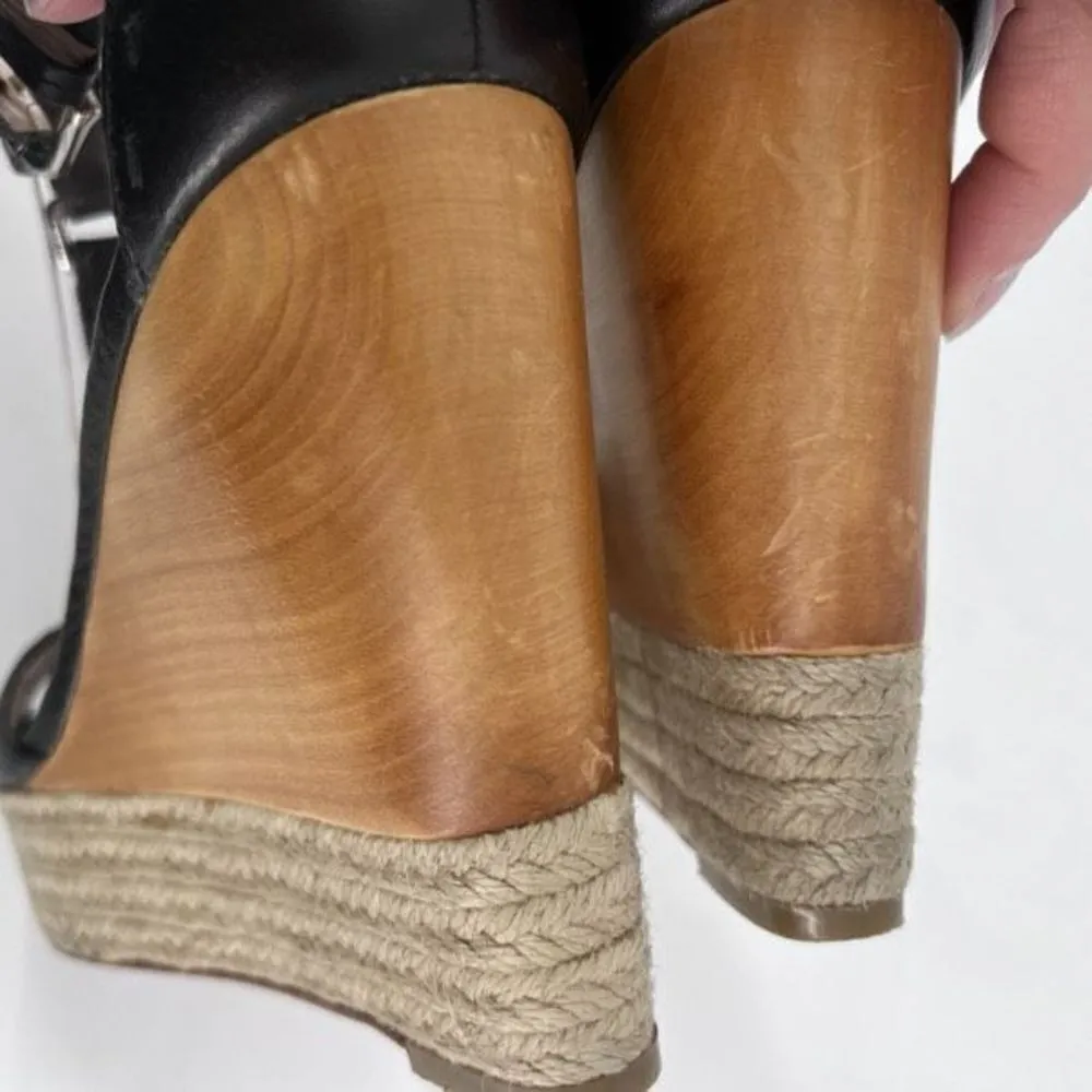 Coach Gala Black Leather Wedges Espadrille Wood Size 10 Peep toe T Strap Sandals - Image 12