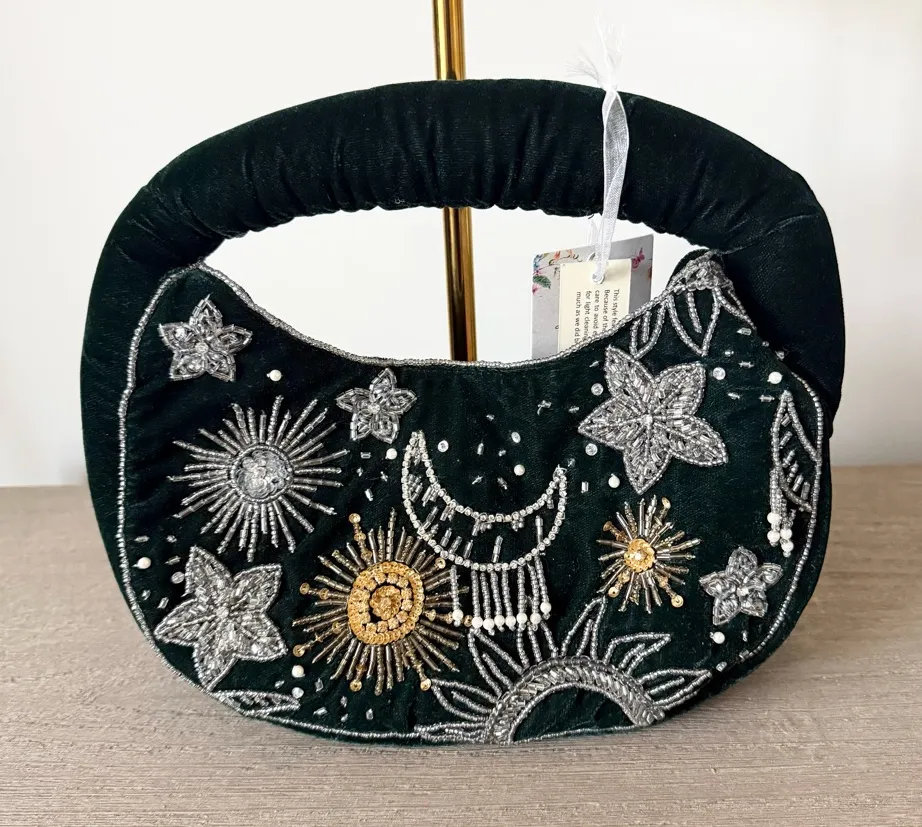 NWT T.J.Maxx Celestial Silver and Gold Beaded Wristlet in Dark Green Velour - Image 1