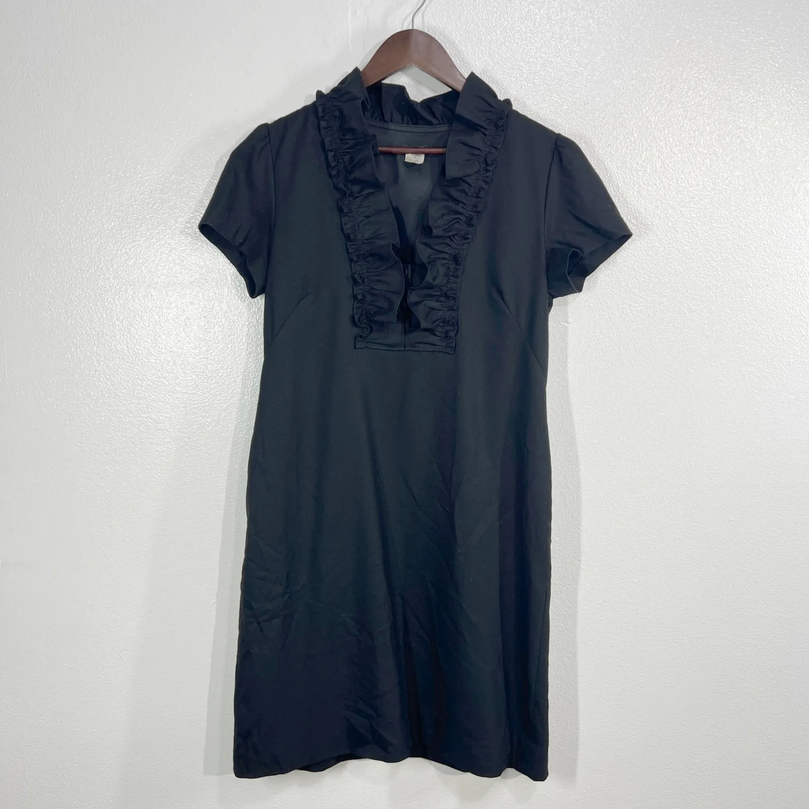 J.Crew Women 8 Black Ruffle Neck Sheath Dress Short Sleeve Wool Blend Lined - Image 2