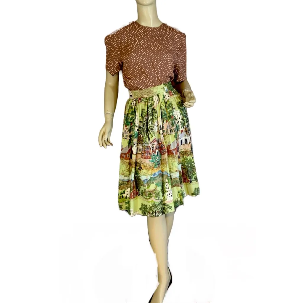 VINTAGE 1950'S GRANDMA MOSES "WILLIAMSTOWN" PRINT FABRIC FULL NOVELTY SKIRT (S) Multiple - Image 7