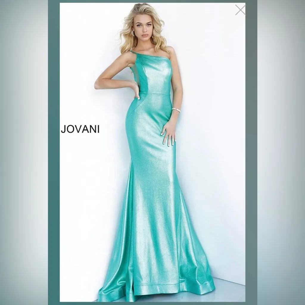 New! Jovani 02136 Metallic Fitted One Shoulder Prom Dress Aqua Green Sz‎ 00 $500 - Image 4