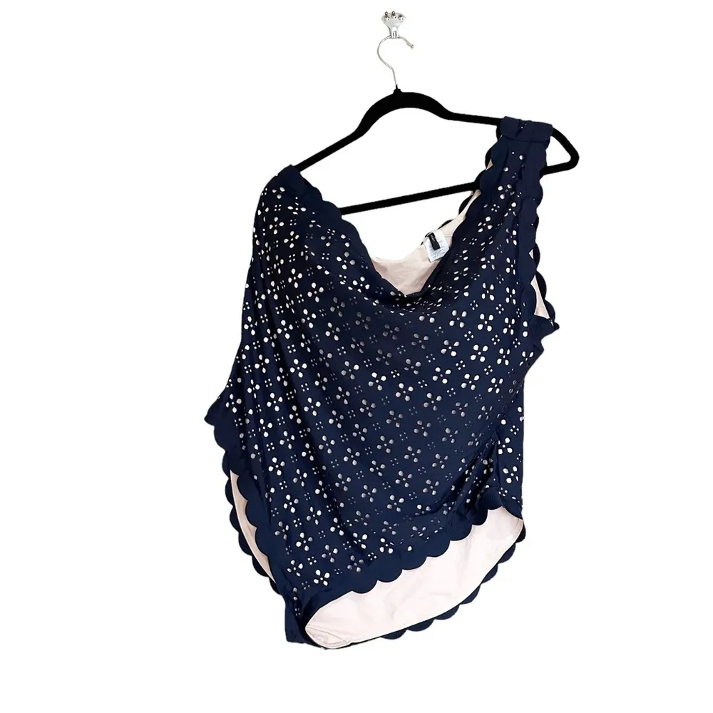 NWT  J.Crew Scalloped One Shoulder Swimsuit Laser Cut Eyelet Navy Blue 24 - Image 8