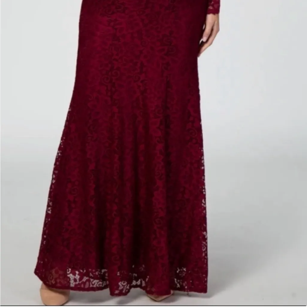 Burgundy Lace Floral Long Sleeve Off Shoulder Sweat heart Maxi Dress - Image 4