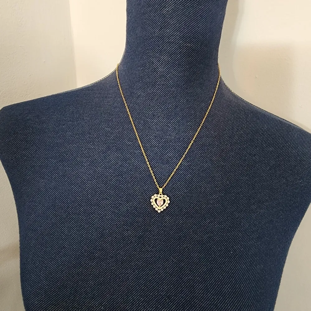 Gold Chain Necklace with Heart Pendant Pink CZ - Image 6