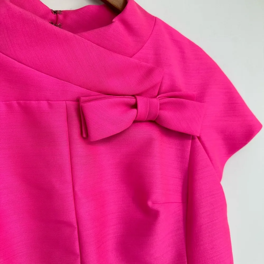 60’s Vintage Hot Pink Party Dress Cap Sleeve Bow Detail Cocktail Retro Size 8 - Image 4