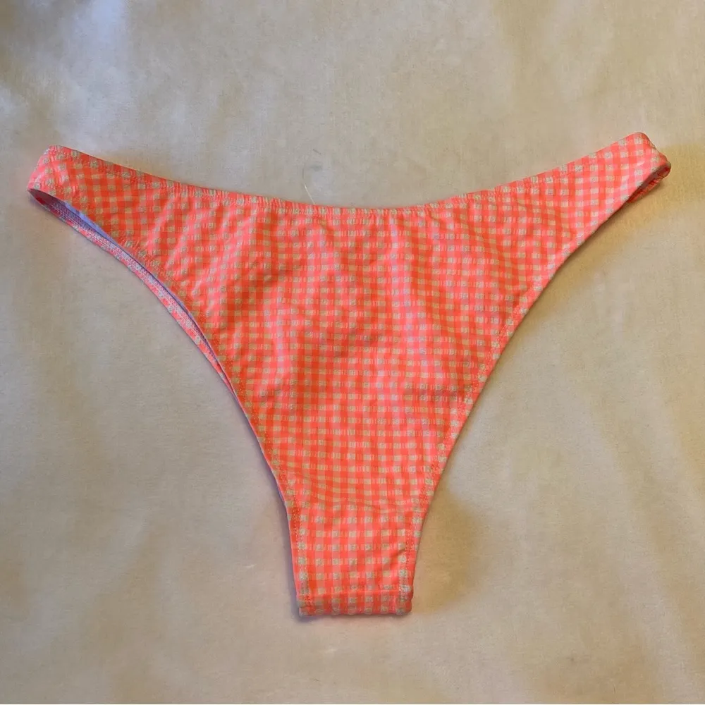 New Gabrielle Union Swimwear Bikini Bottoms XL Neon Coral White Gingham Hi Cut - Image 5