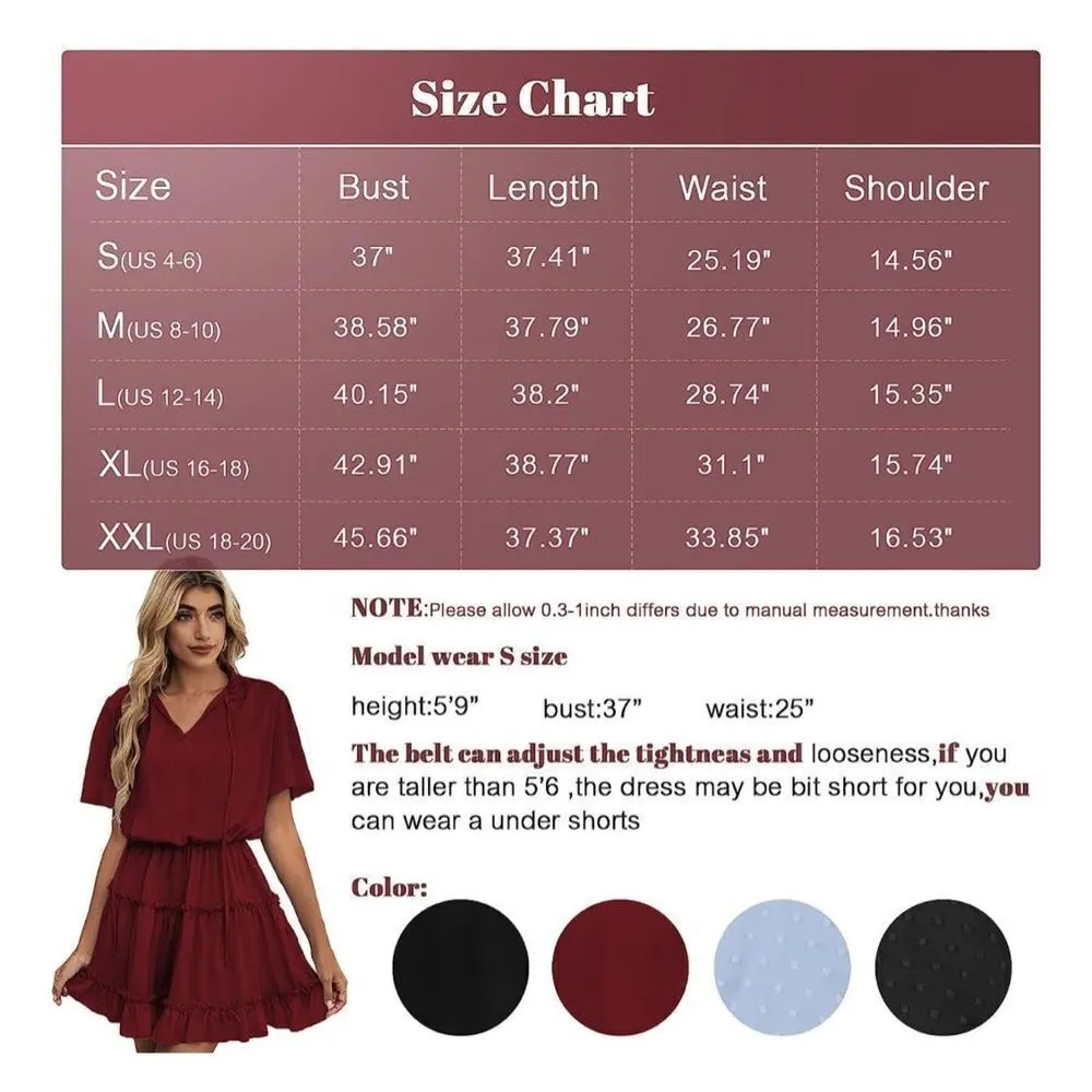 NEW V Neck Swing Mini Dress Elastic High Waist Ruffle Short Dress L Black Size L - Image 3