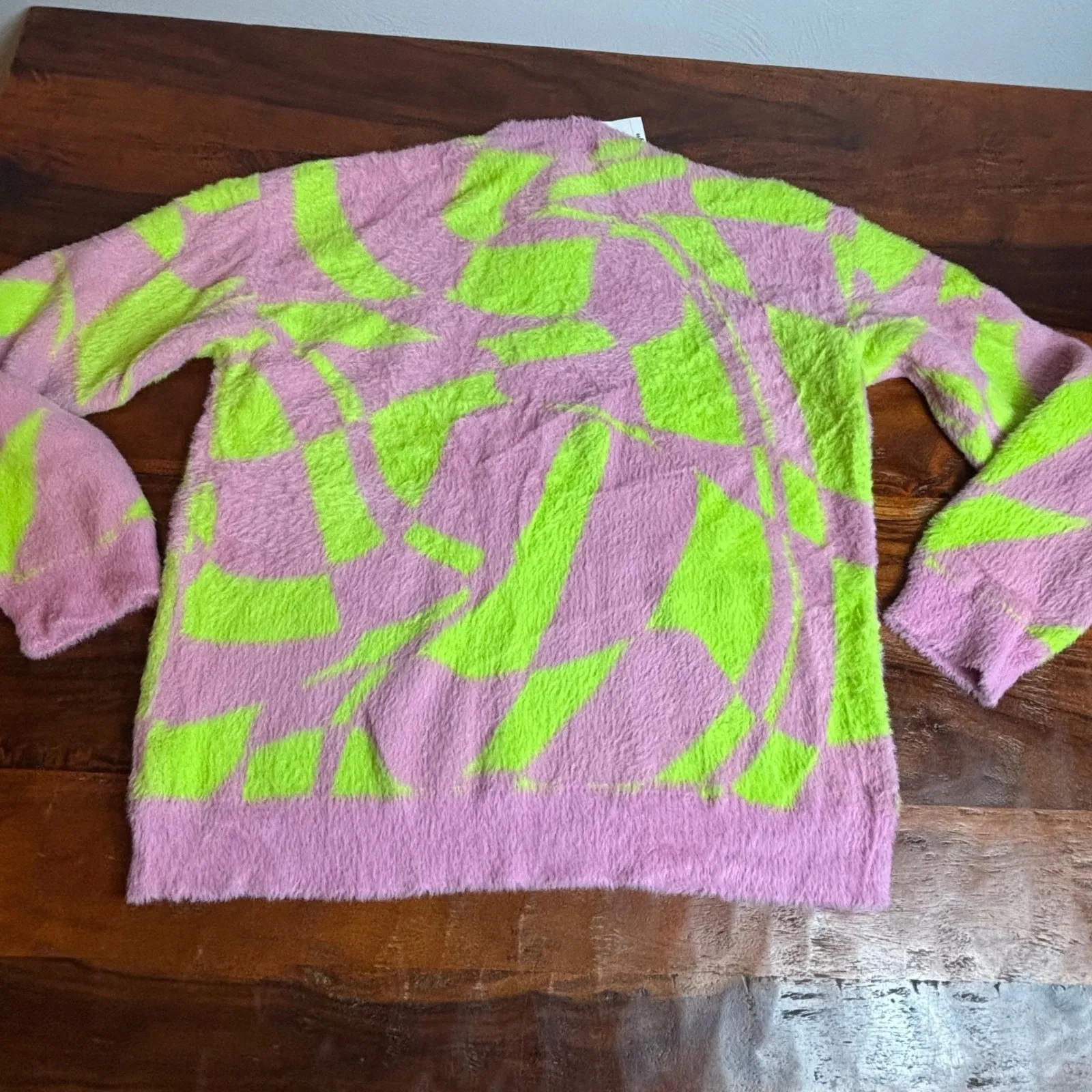 FOREVER 21 Fuzzy Pink Neon Green Abstract Print Mock Neck Sweater Top L - Image 5