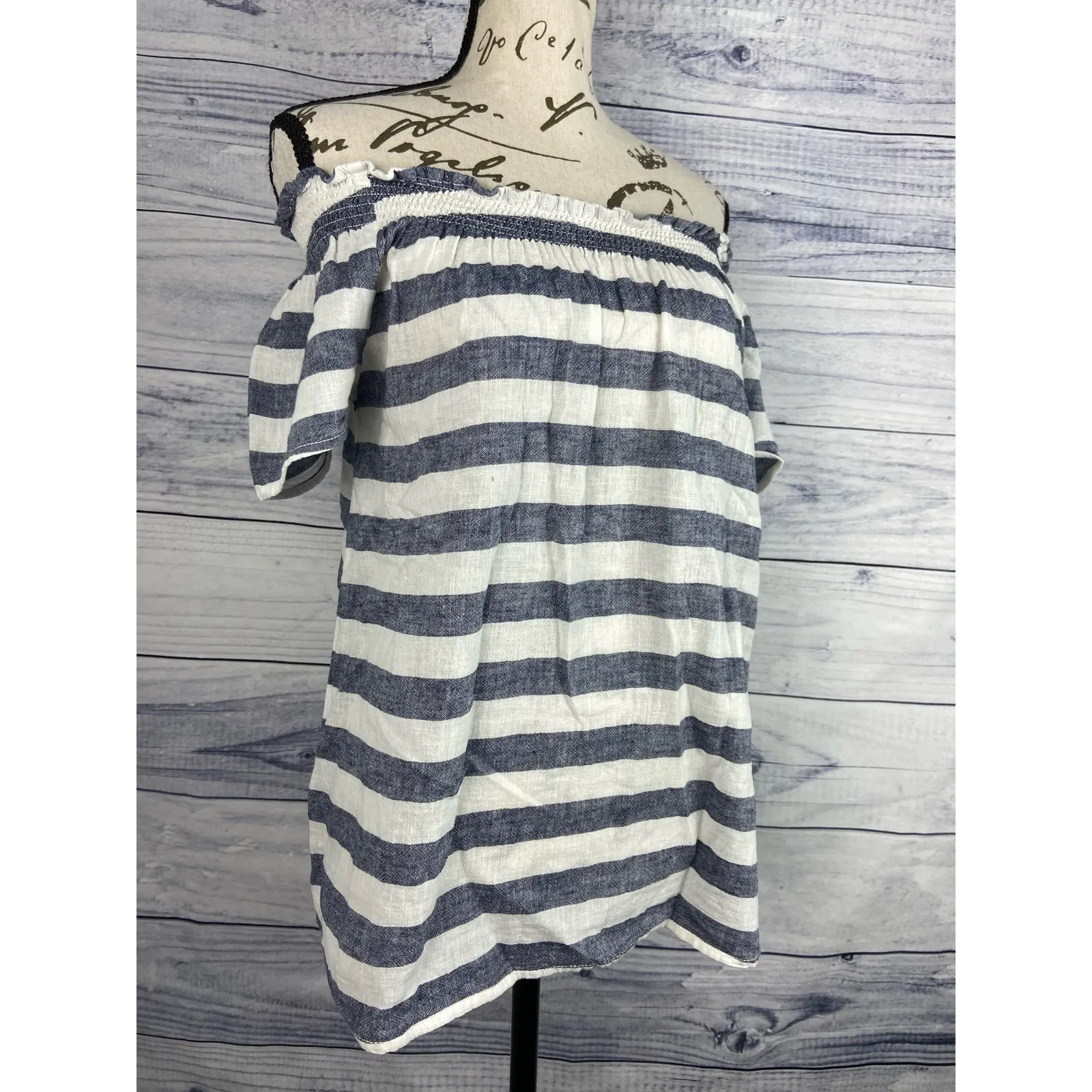 BeachLunchLounge Linen Tee Shirt Womens S Off On Shoulder Smocked Pleat Striped - Image 7