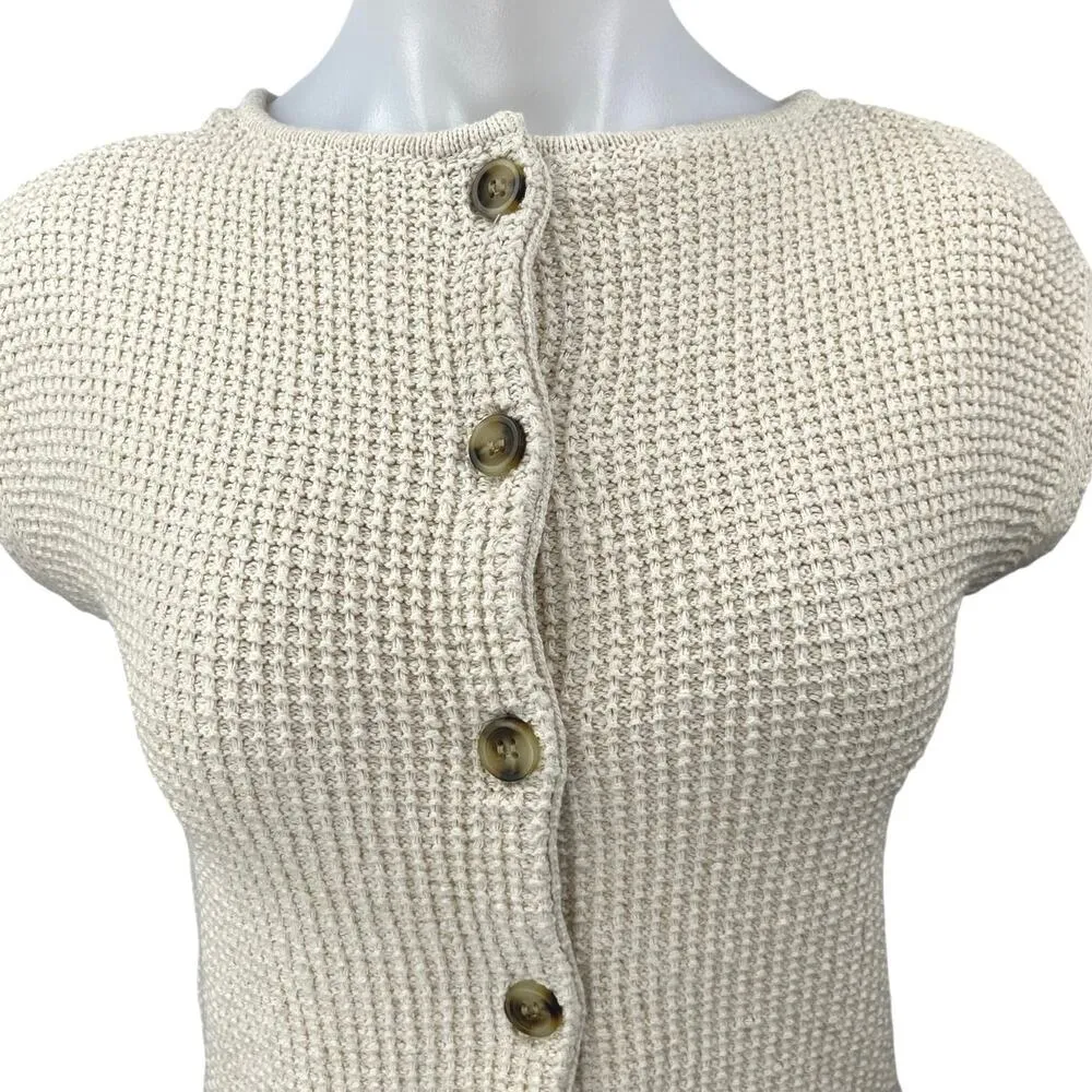 Madewell Cream Beige Waffle Knit Button Up Short Sleeve Cardigan Top Size XS - Image 3
