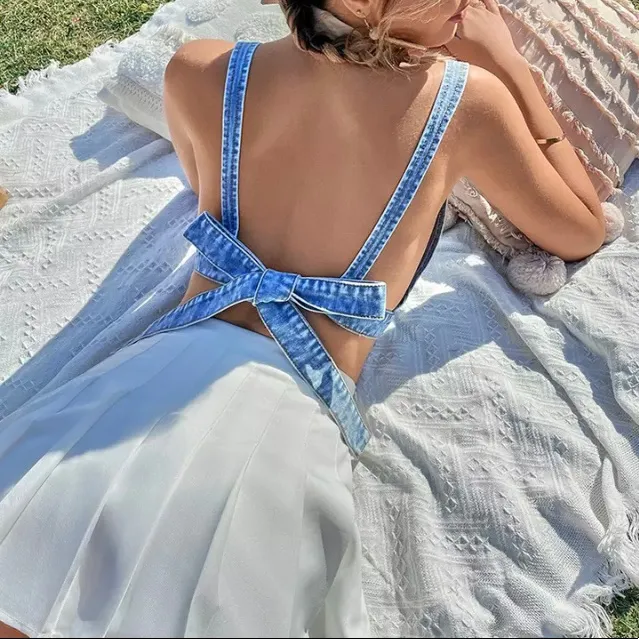 Deep V Neck‎ Tie Back Denim Tank Top Women Fashion Sexy Backless Sleeveless Blue Size L - Image 2