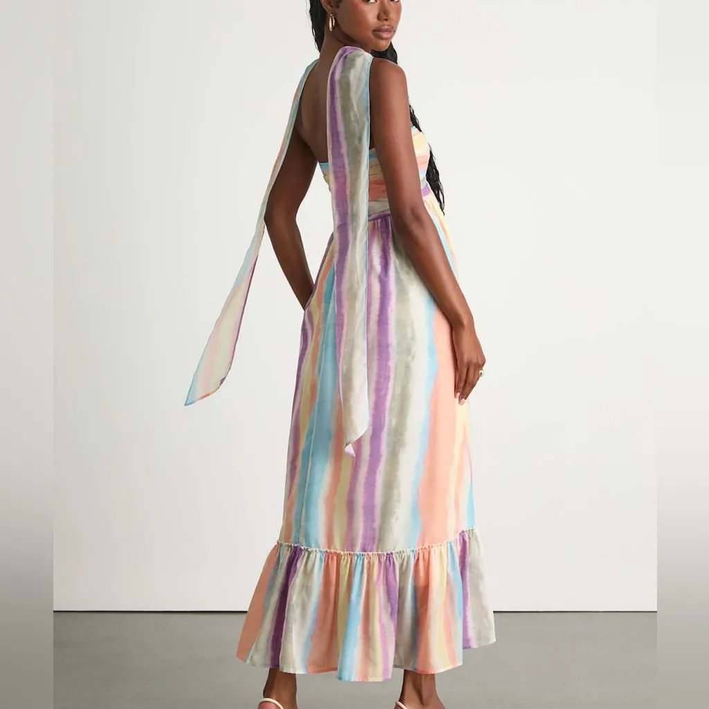 Lulus size medium peach multi striped midi dress and scarf set new with tags - Image 4