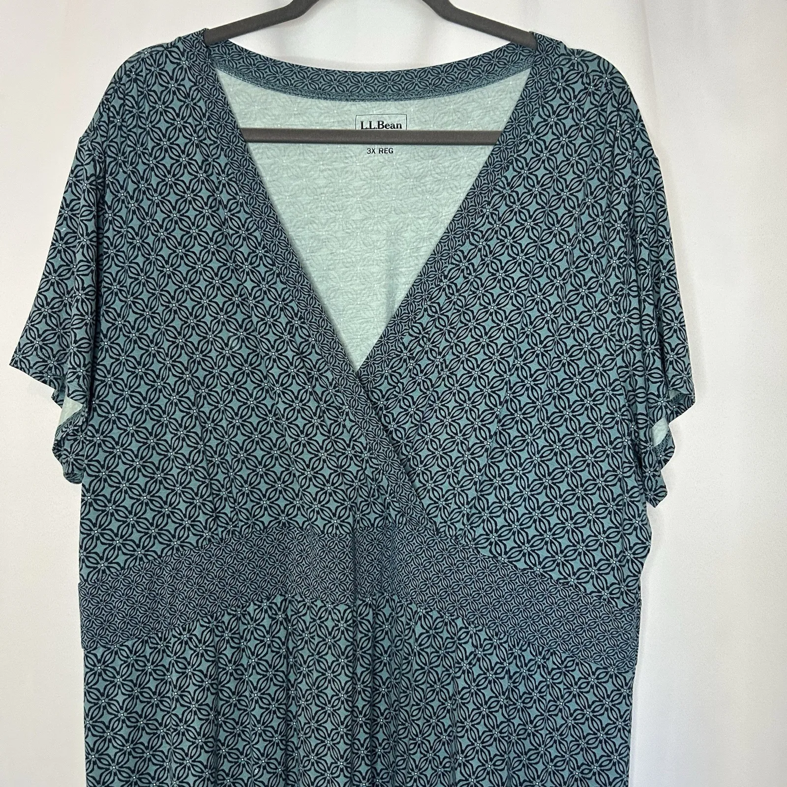 LL‎ Bean Knit Dress Women's Size 3XL Teal Navy Short Sleeve Faux Wrap V Neck Blue - Image 2