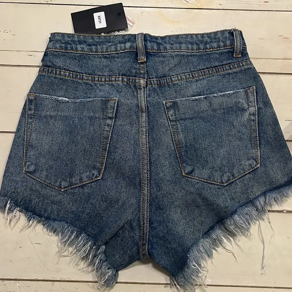 Signature 8 Denim Shorts Distressed Frayed Tattered Button Fly 3" Inseam Small Blue - Image 8