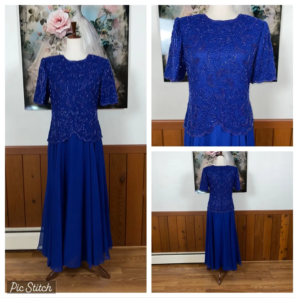 Beautiful Vintage 1980s Brilliante Beaded Mother of the Bride Dress! Blue Size M - Image 2