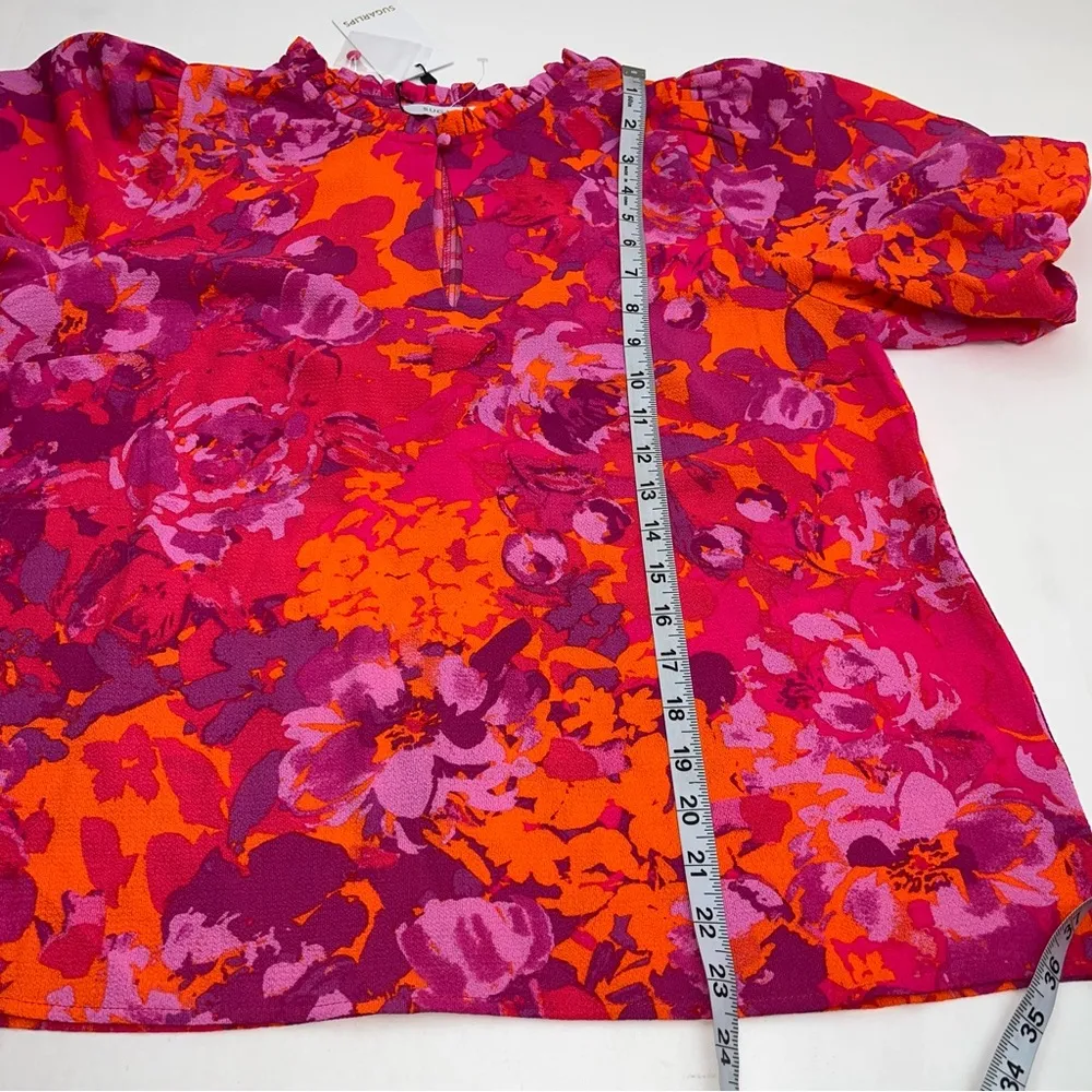 Sugarlips Flirty Floral Split Neck Blouse Top Womens Size Medium Orange Pink NEW - Image 10