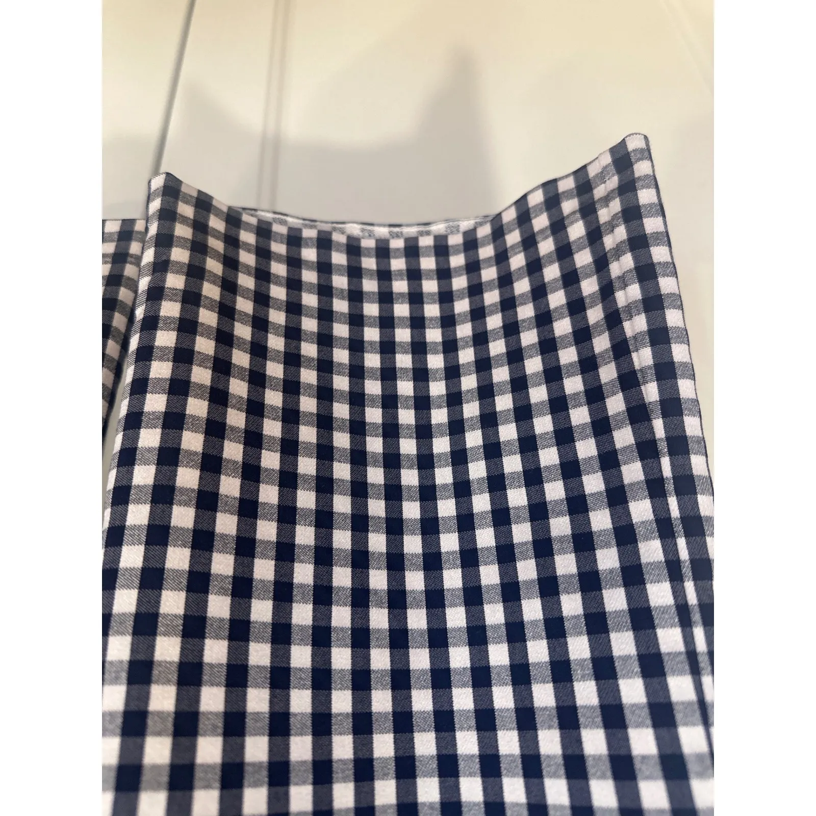 J McLaughlin Gingham Check Flare Leg Pants Navy White Size 12 casual boho women - Image 3