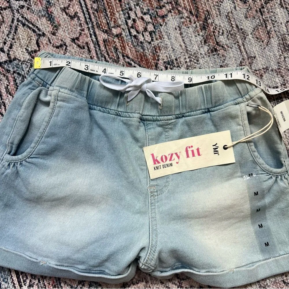 YMI NWT Jeans Kozy Fit Knit Denim Shorts High Rise Light Wash Blue Size  Medium - Image 10